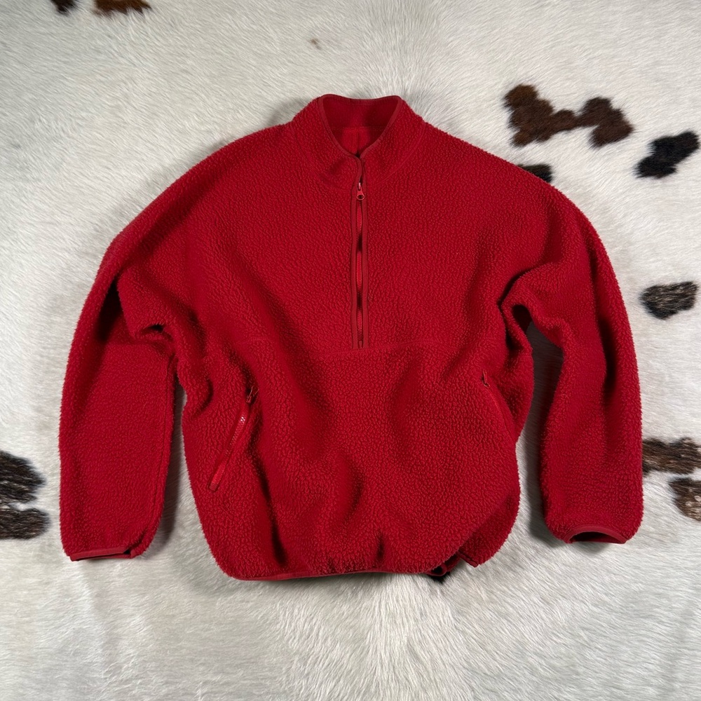 Women's Red Half-Zip Crewneck Fleece Sweater